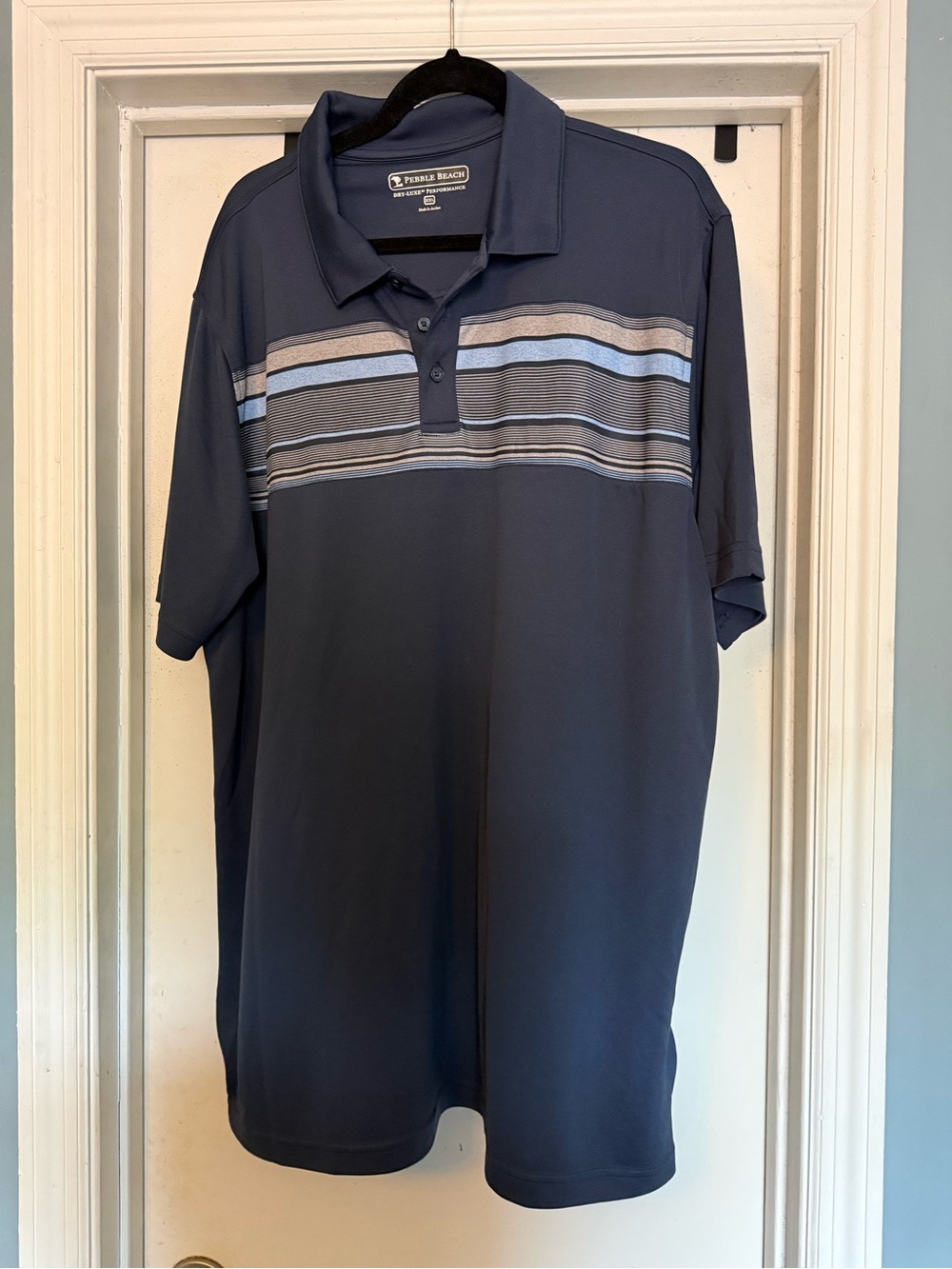 Men’s Navy Short-Sleeve Pebble Beach Polo with Striped Chest